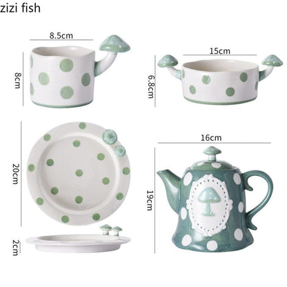 Green and White Mushroom Ceramic Mugs, Teapot, Plates and Bowls -  - San Rocco Italia