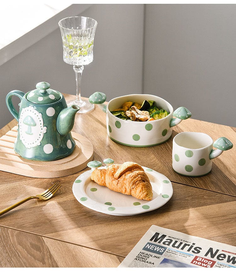 Green and White Mushroom Ceramic Mugs, Teapot, Plates and Bowls -  - San Rocco Italia