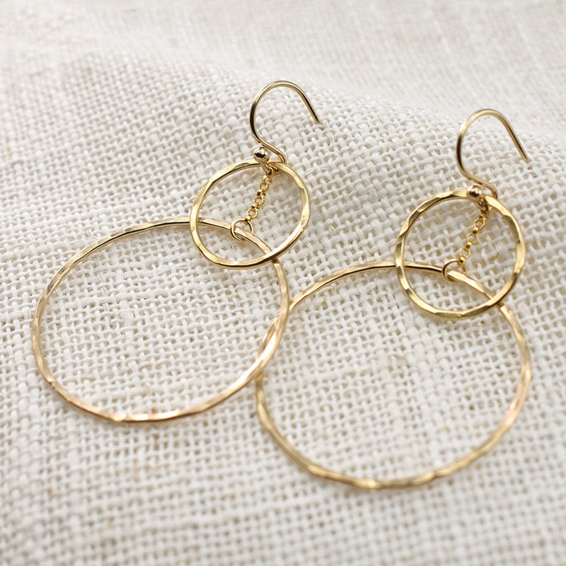 Handmade Hammered Double Circle Gold Drop Earrings | 14K Gold Filled