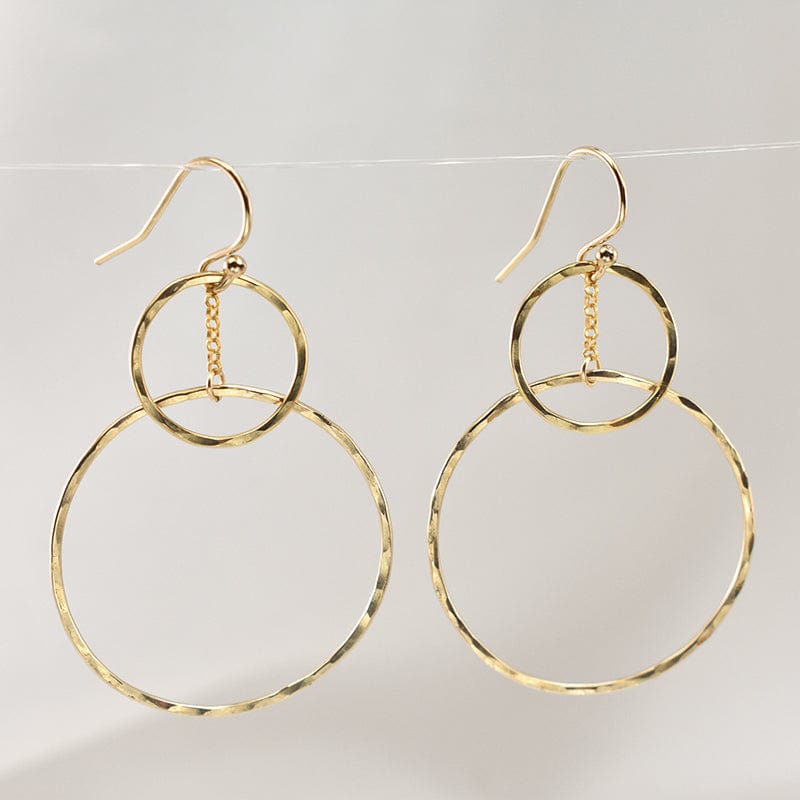 Handmade Hammered Double Circle Gold Drop Earrings | 14K Gold Filled