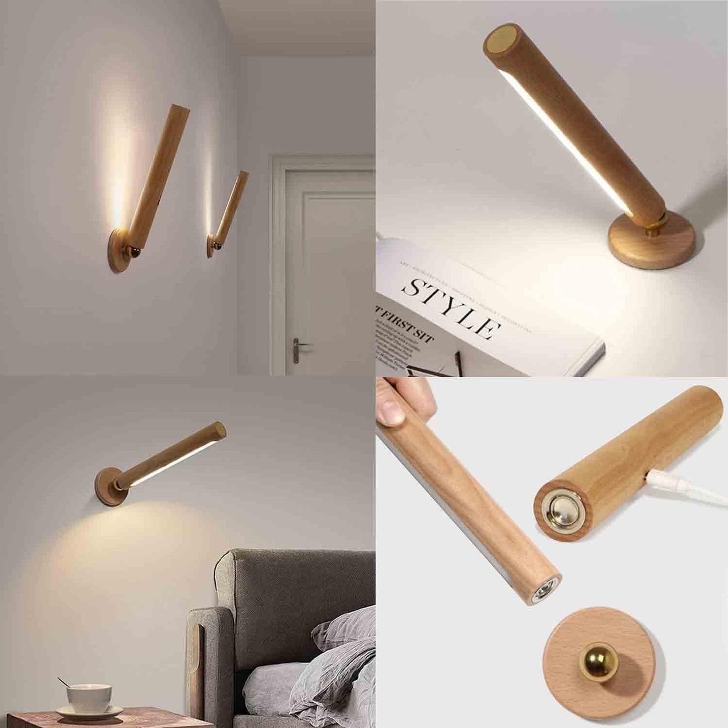 Magnetic LED Wooden Wall Light - 360 Degree Rotatable and Detachable Wall Lamp with Stepless Dimming - Premium  - Shop now at San Rocco Italia
