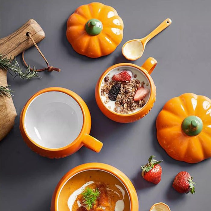 Handmade Ceramic Pumpkin Soup Cup/Mug with Lid - 4 sizes 300/500/800/1500 ml - Matching Spoon Available - Premium Mugs - Shop now at San Rocco Italia