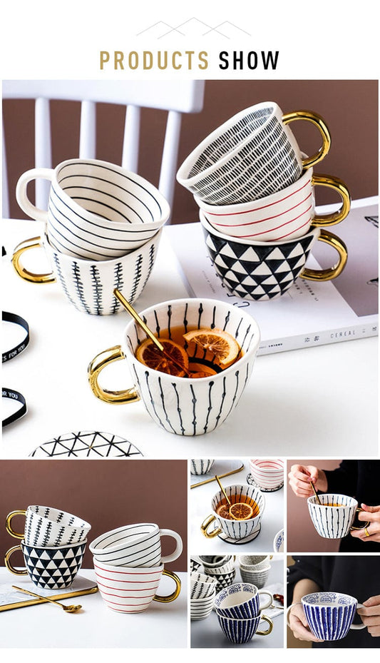 Large Hand Painted Coffee / Tea Cups - Gold Handles - 330 ml - Premium Mugs - Just €29.95! Shop now at San Rocco Italia