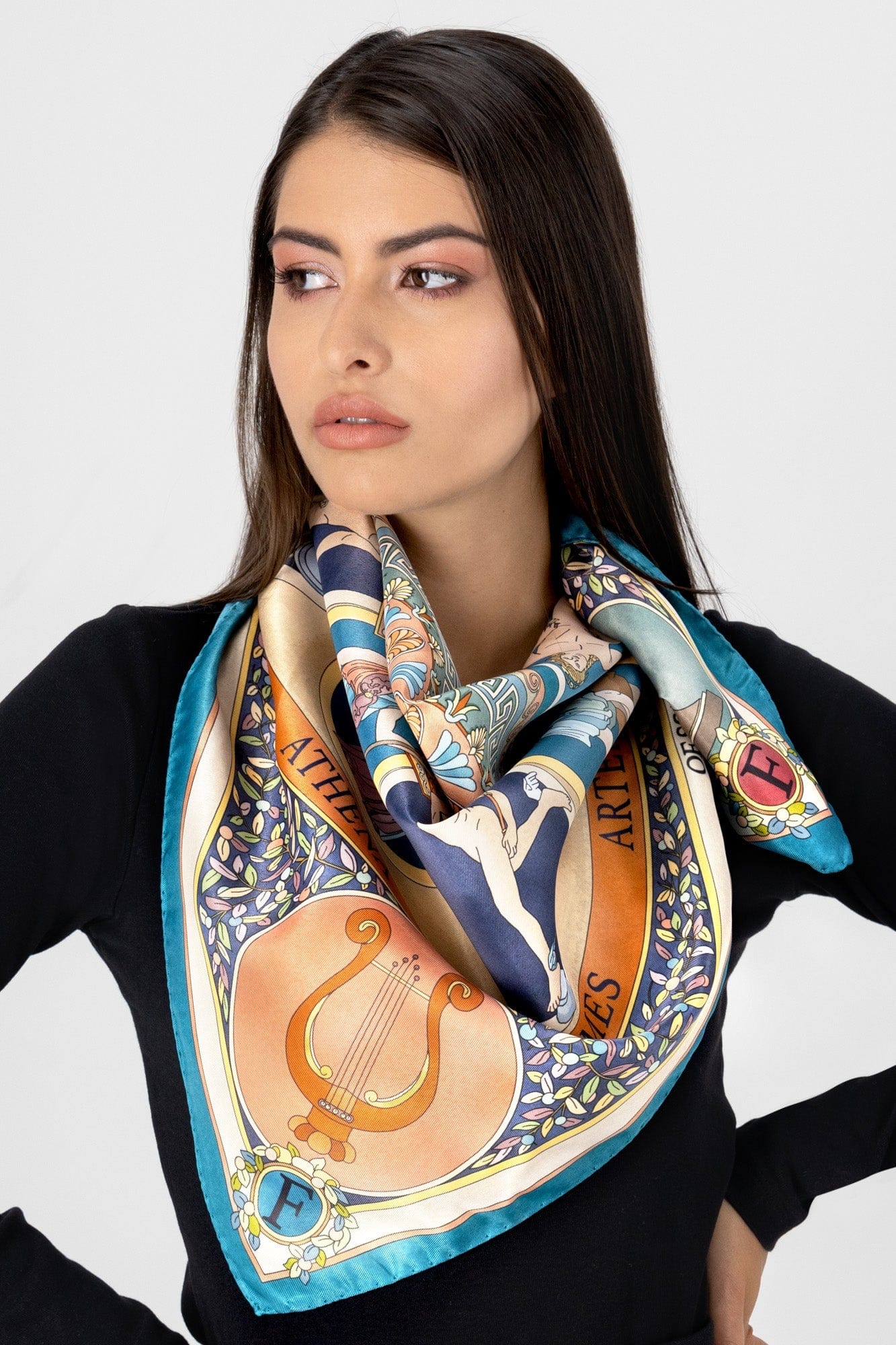 The Olympian Gods Terracotta and Turquoise 100% Silk Scarf - Premium Scarves & Bandanas - Shop now at San Rocco Italia