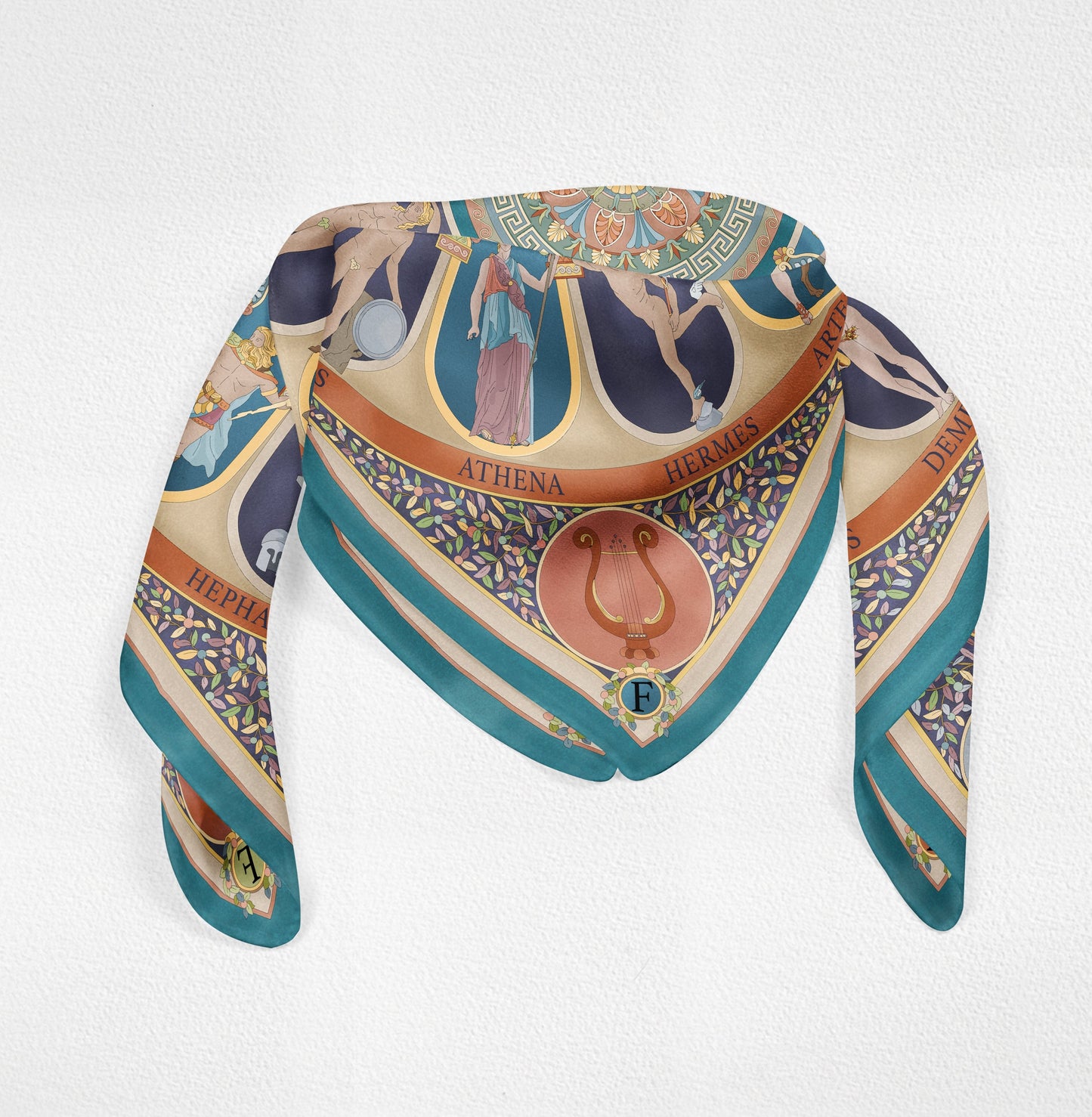 The Olympian Gods Terracotta and Turquoise 100% Silk Scarf - Premium Scarves & Bandanas - Shop now at San Rocco Italia