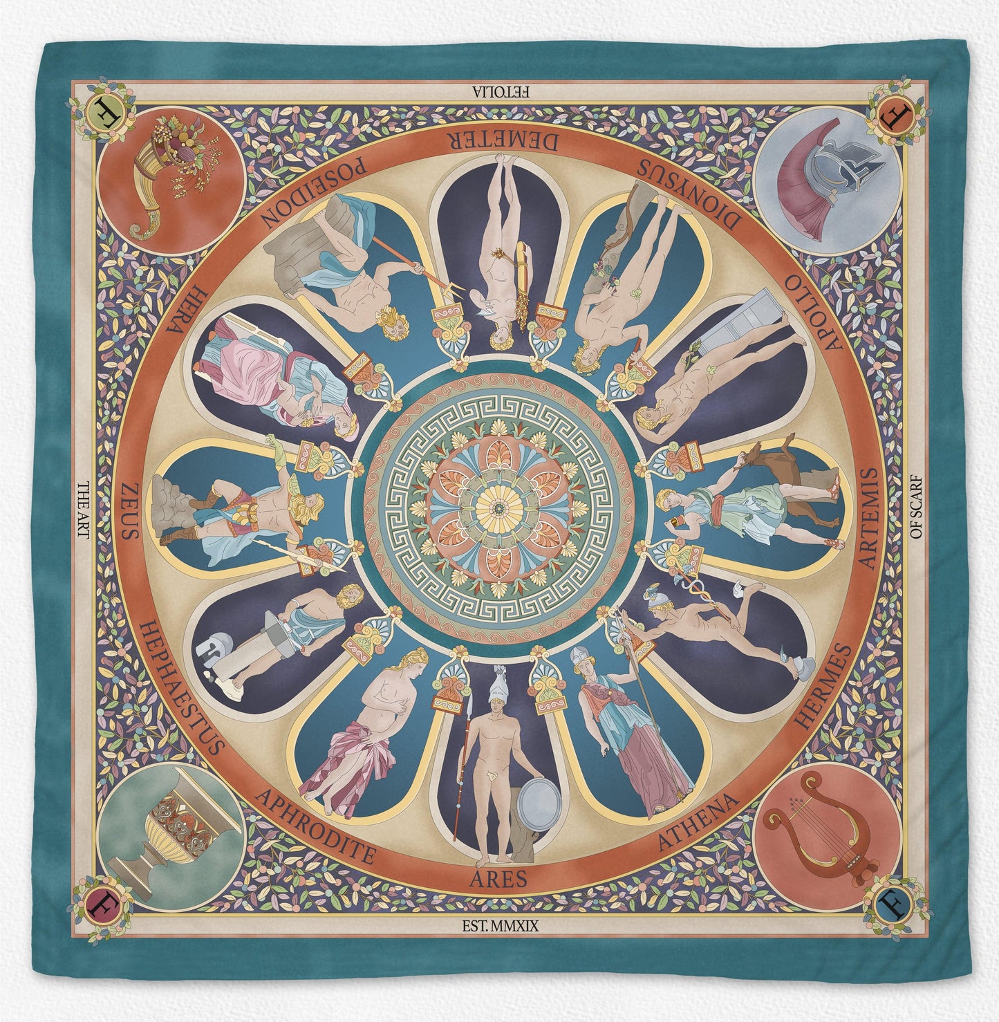 The Olympian Gods Terracotta and Turquoise 100% Silk Scarf - Premium Scarves & Bandanas - Shop now at San Rocco Italia