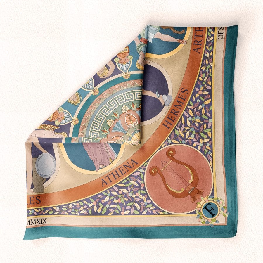 The Olympian Gods Terracotta and Turquoise 100% Silk Scarf - Premium Scarves & Bandanas - Shop now at San Rocco Italia