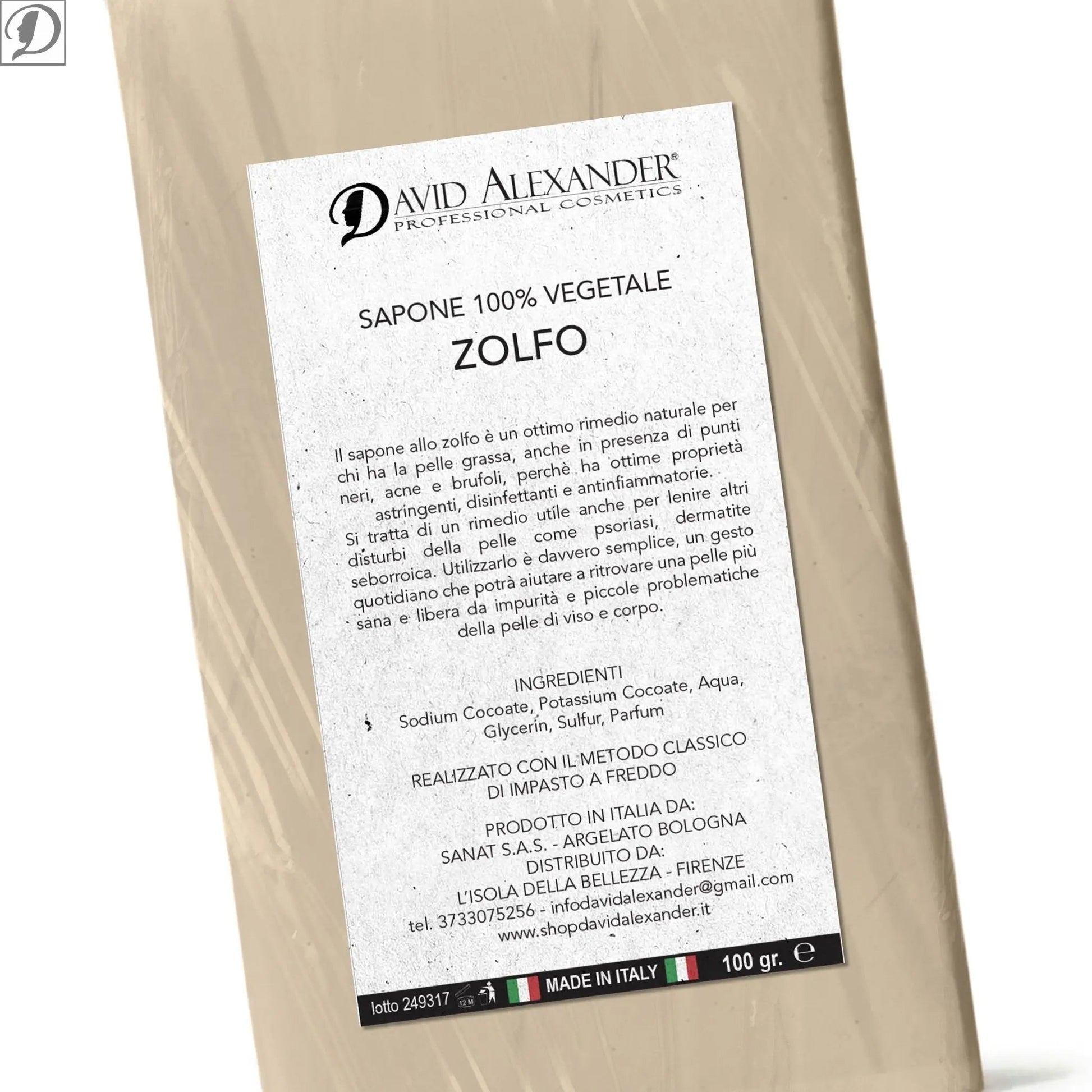 Confezione beige di sapone allo zolfo purificante per pelli grasse e impure, etichetta bianca descrittiva