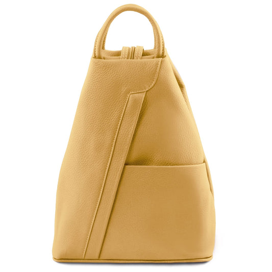 Back view of mustard yellow Shanghai Italian leather backpack with top handle and adjustable straps.