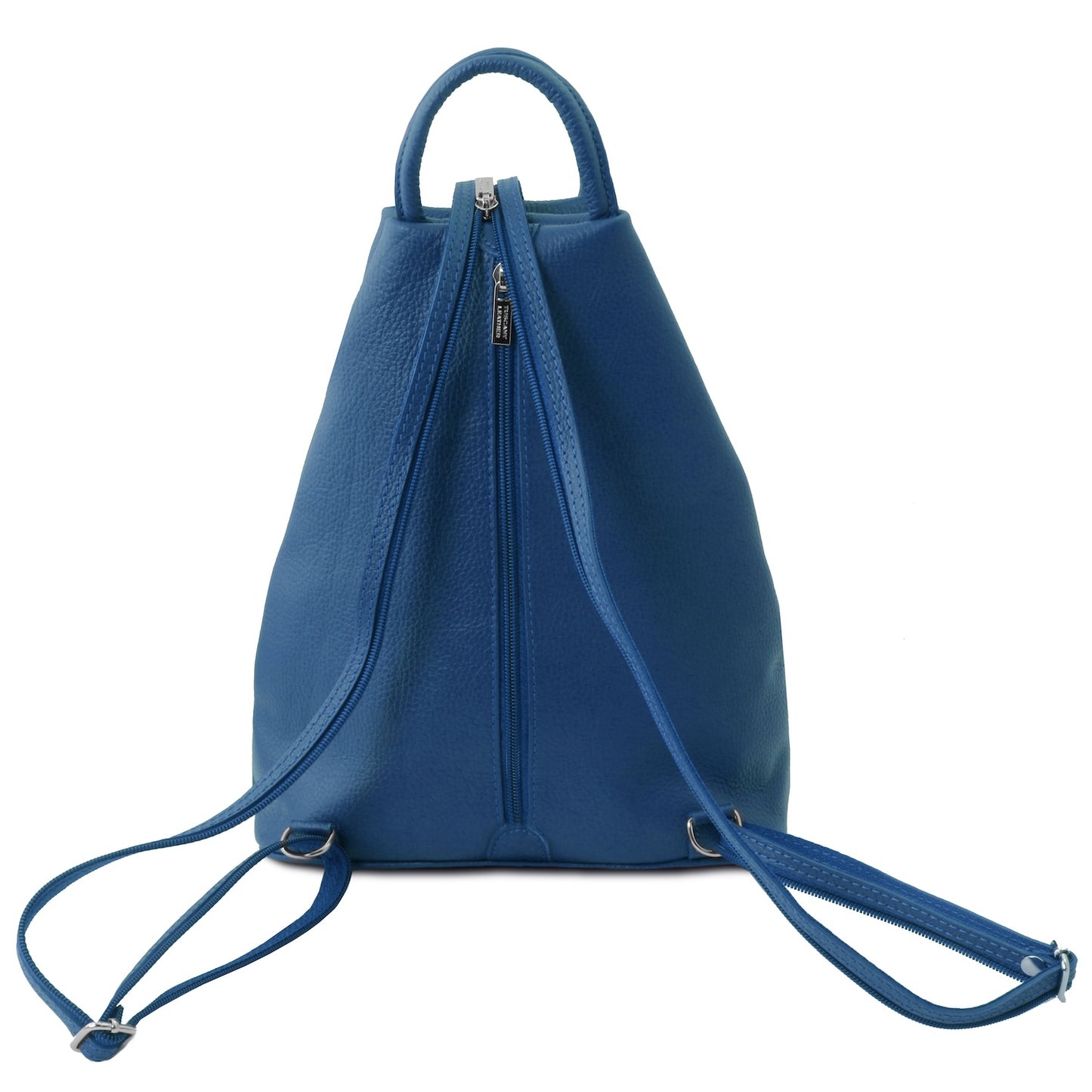 Blue pebbled leather backpack with top handle and long shoulder straps.