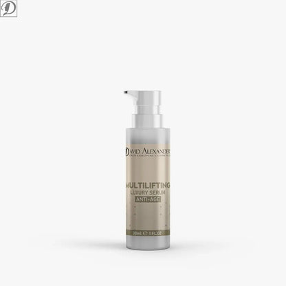 Siero multilifting anti age in bottiglia con pompa e etichetta dorata su sfondo bianco