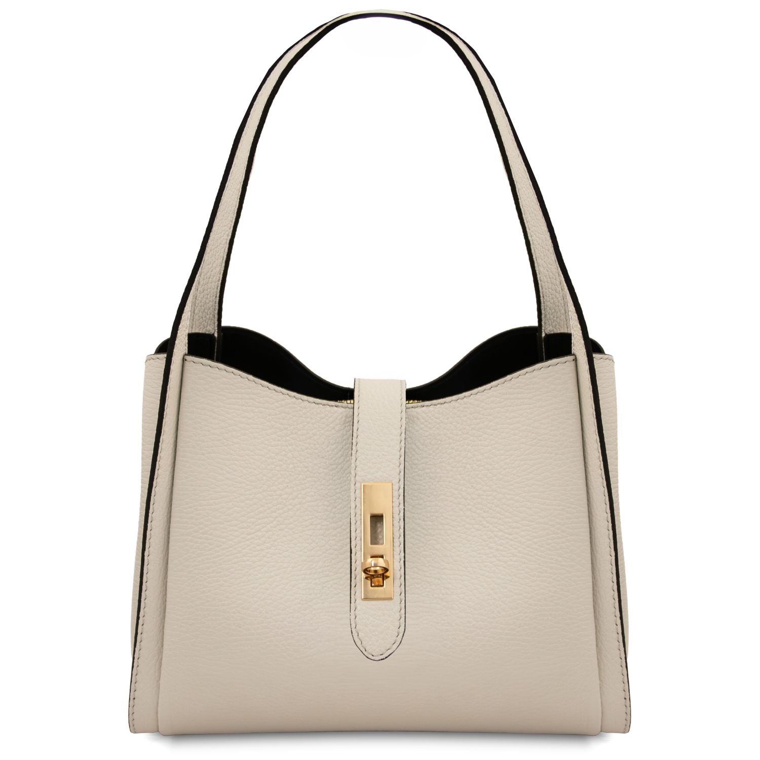 Beige textured leather handbag with black edging and gold turn lock, structured tote with two top handles.