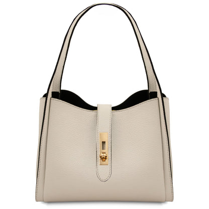 Beige textured leather handbag with black edging and gold turn lock, structured tote with two top handles.
