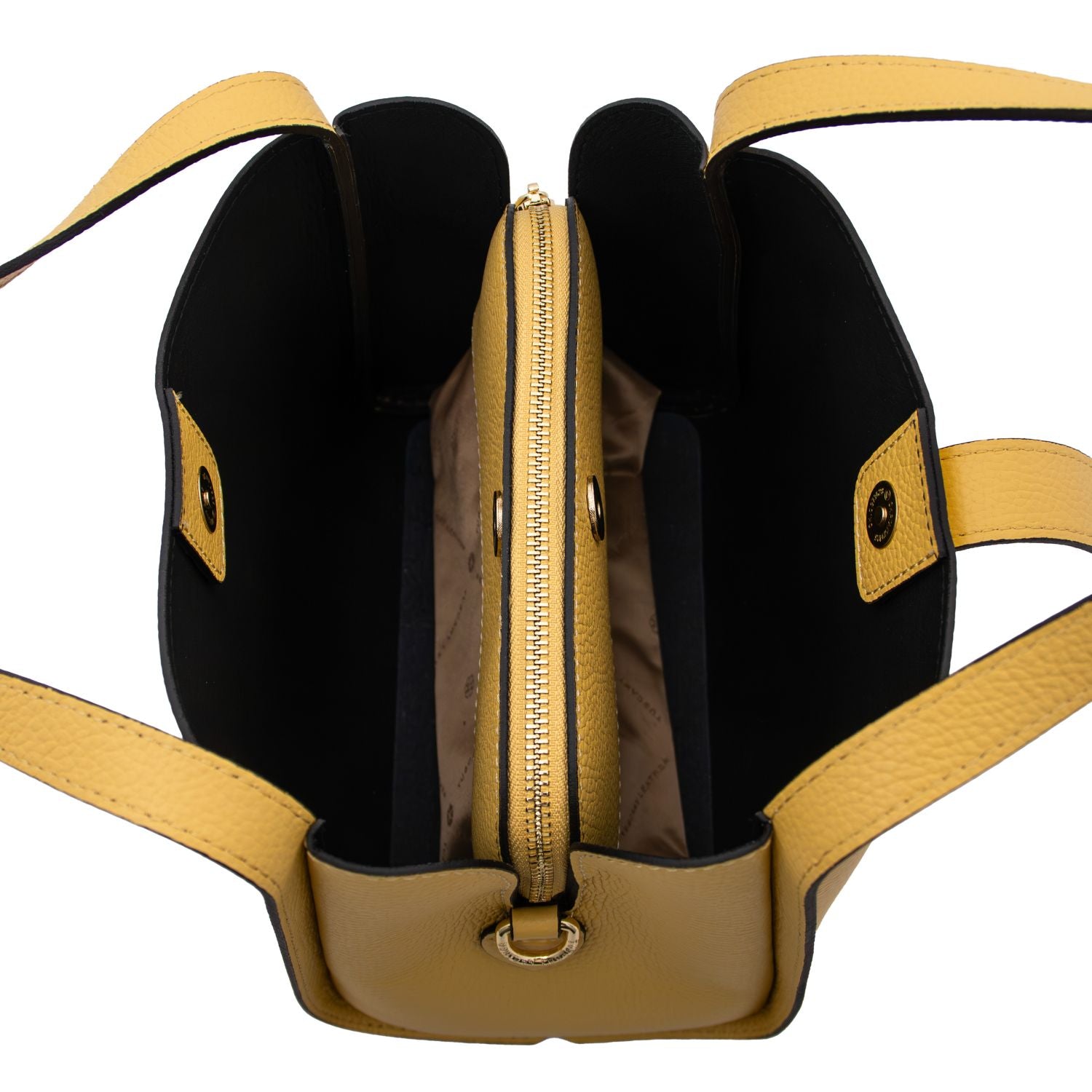 Soave soft leather handbag viewed from above with a center zip divider and twin yellow handles
