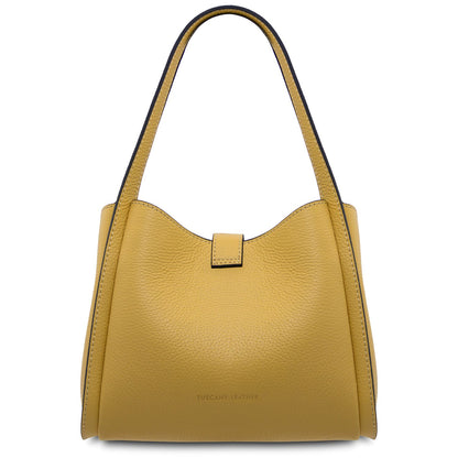 Soave mustard yellow soft leather handbag with curved top and gold-tone hardware