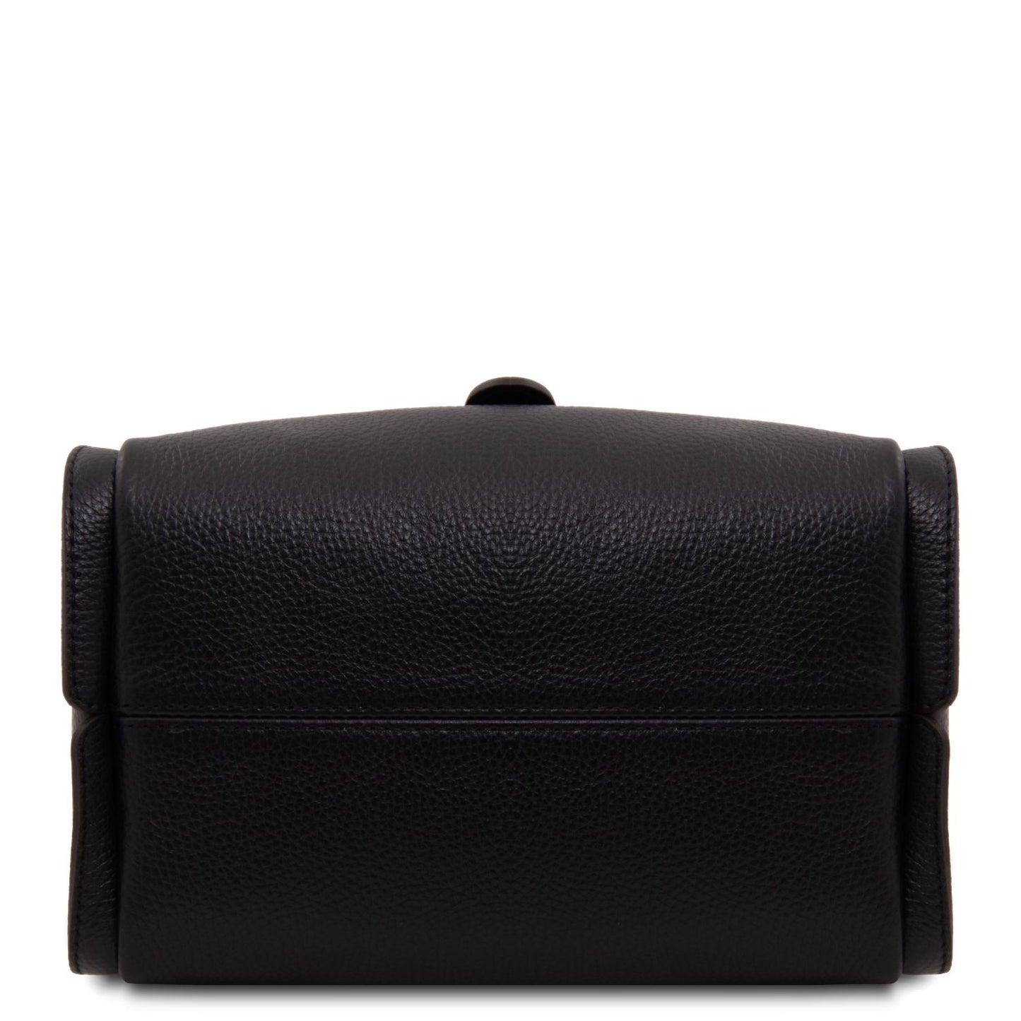 Close up of black pebbled leather bag with gold rectangular lock hardware