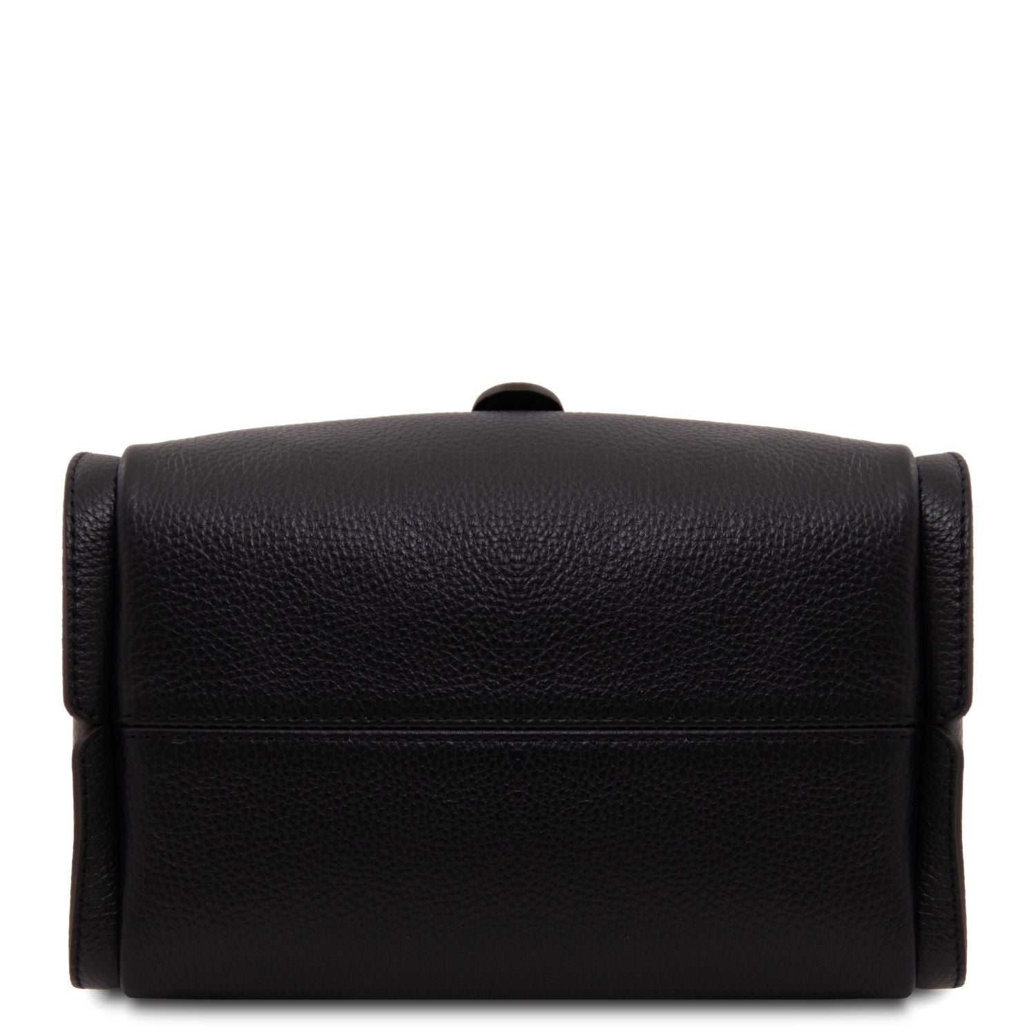 Close up of black pebbled leather bag with gold rectangular lock hardware