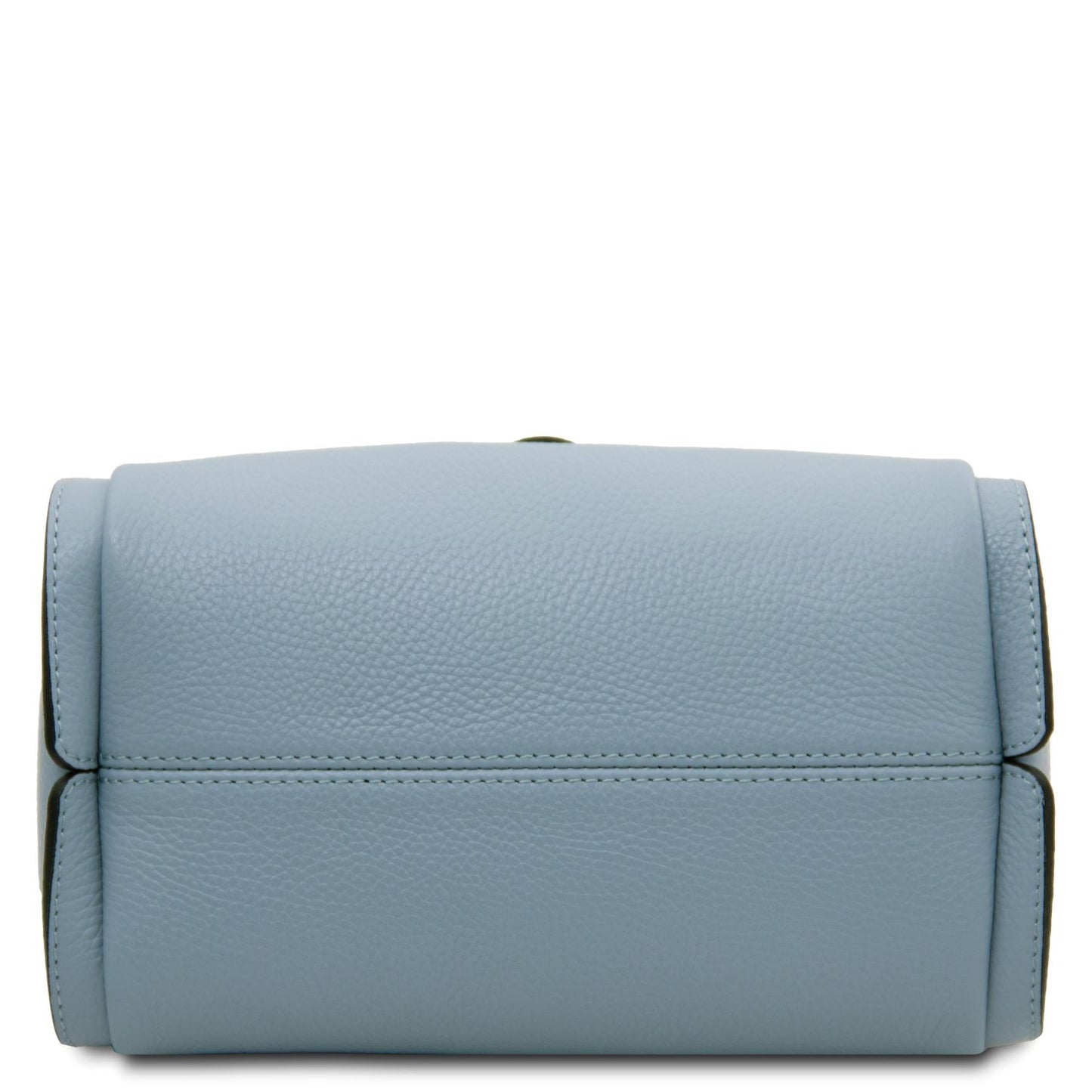 Bottom view of pale blue pebbled leather Soave handbag.