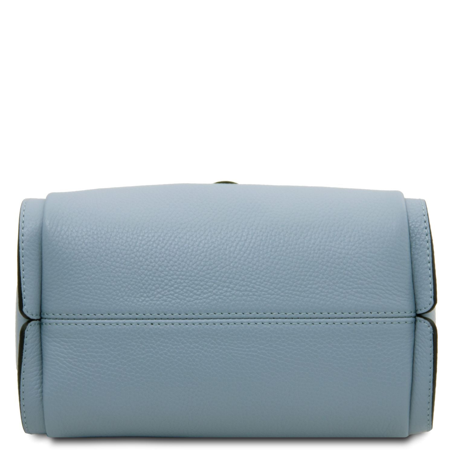 Bottom view of pale blue pebbled leather Soave handbag.
