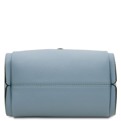 Bottom view of pale blue pebbled leather Soave handbag.