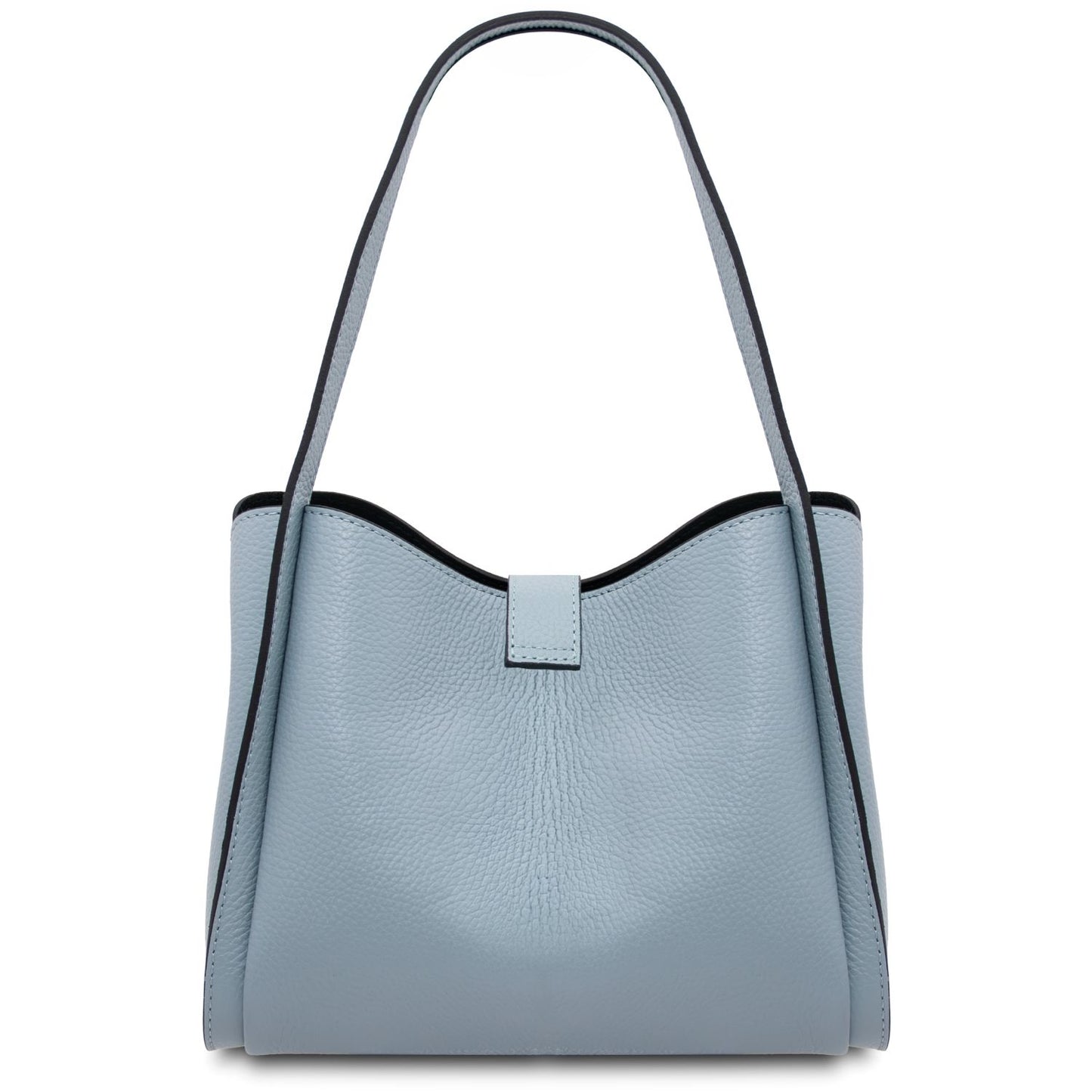 Front view of light blue pebble leather handbag with curved top and central strap closure