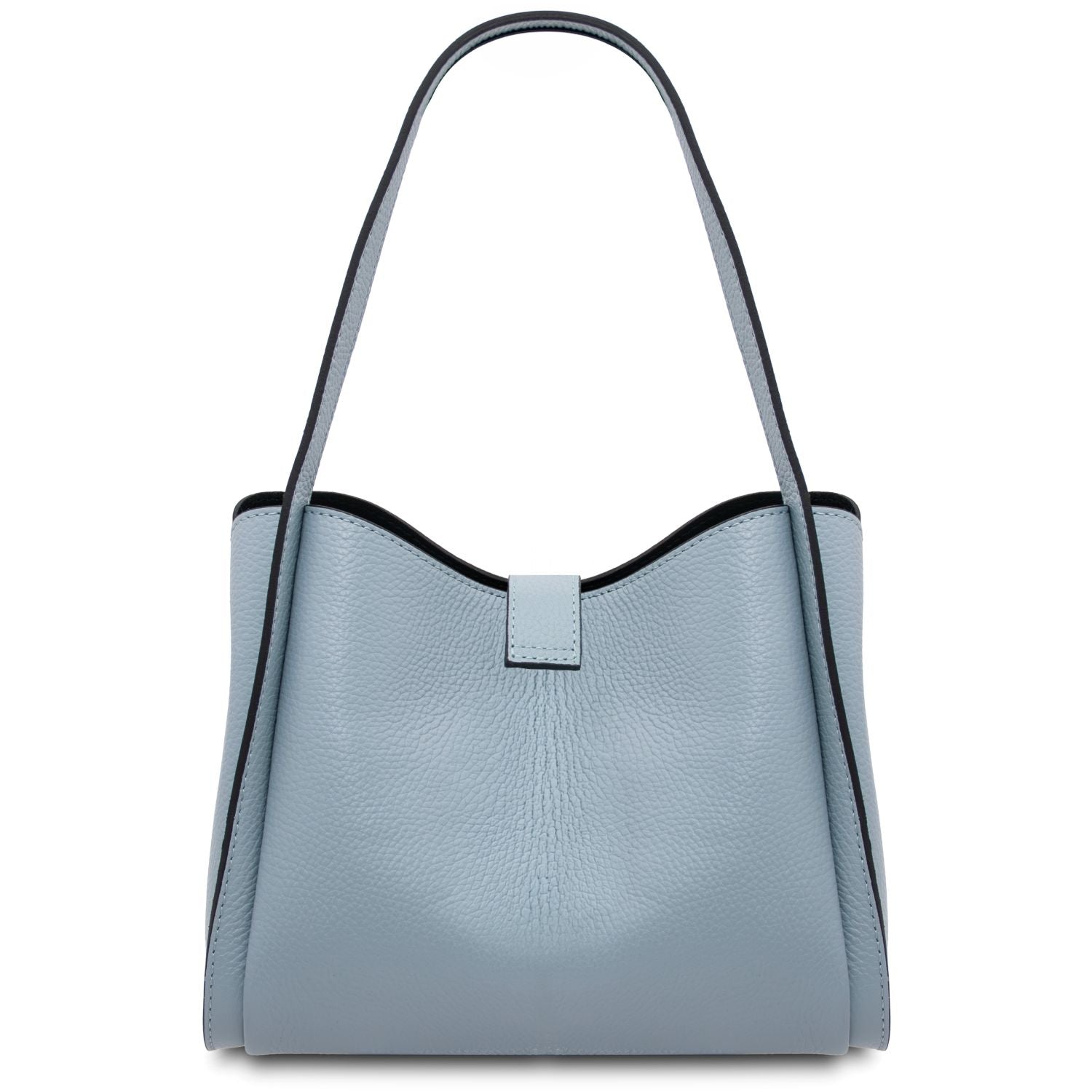 Front view of light blue pebble leather handbag with curved top and central strap closure