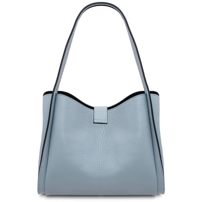 Front view of light blue pebble leather handbag with curved top and central strap closure
