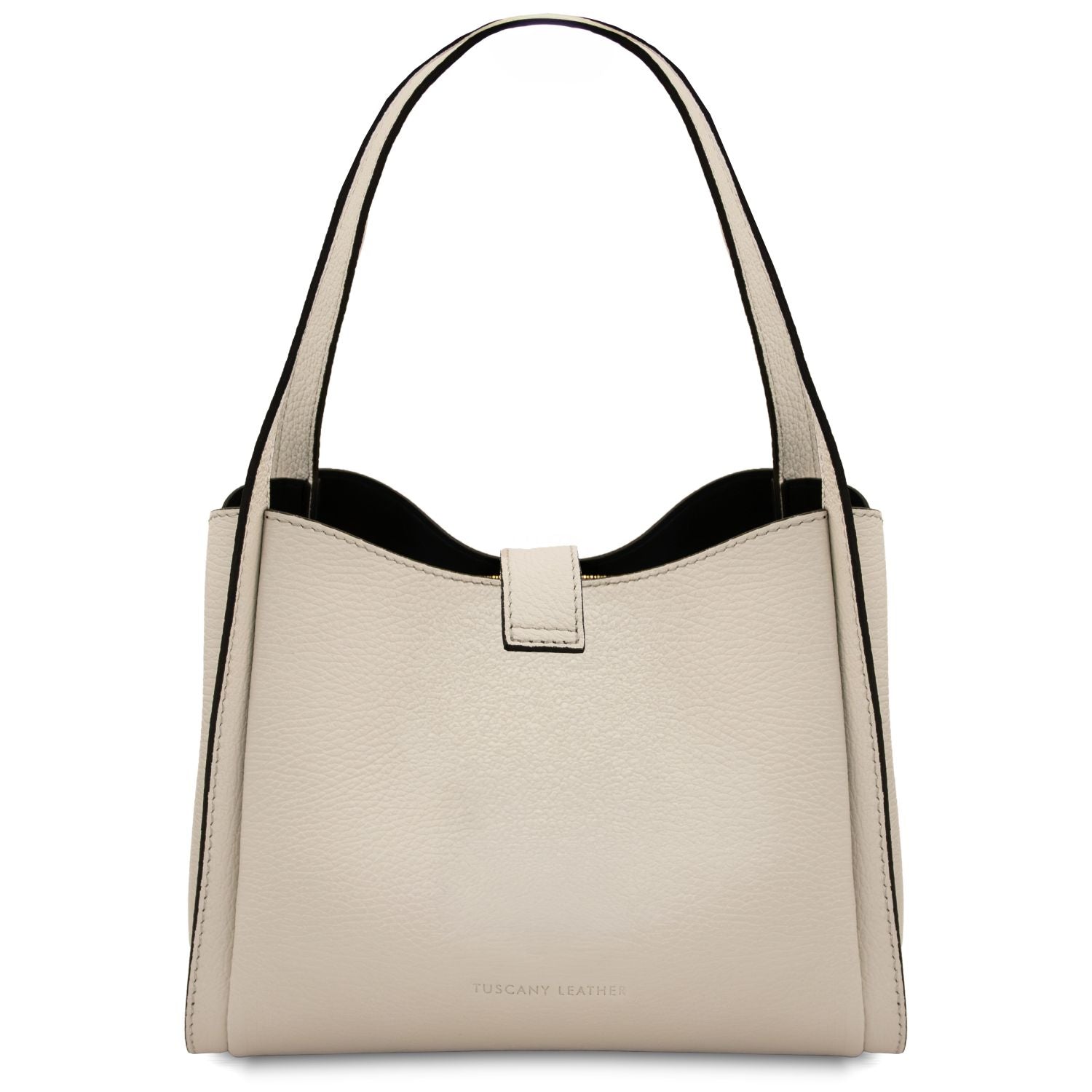 Cream beige soft leather handbag with two top handles and gold hardware on a white background