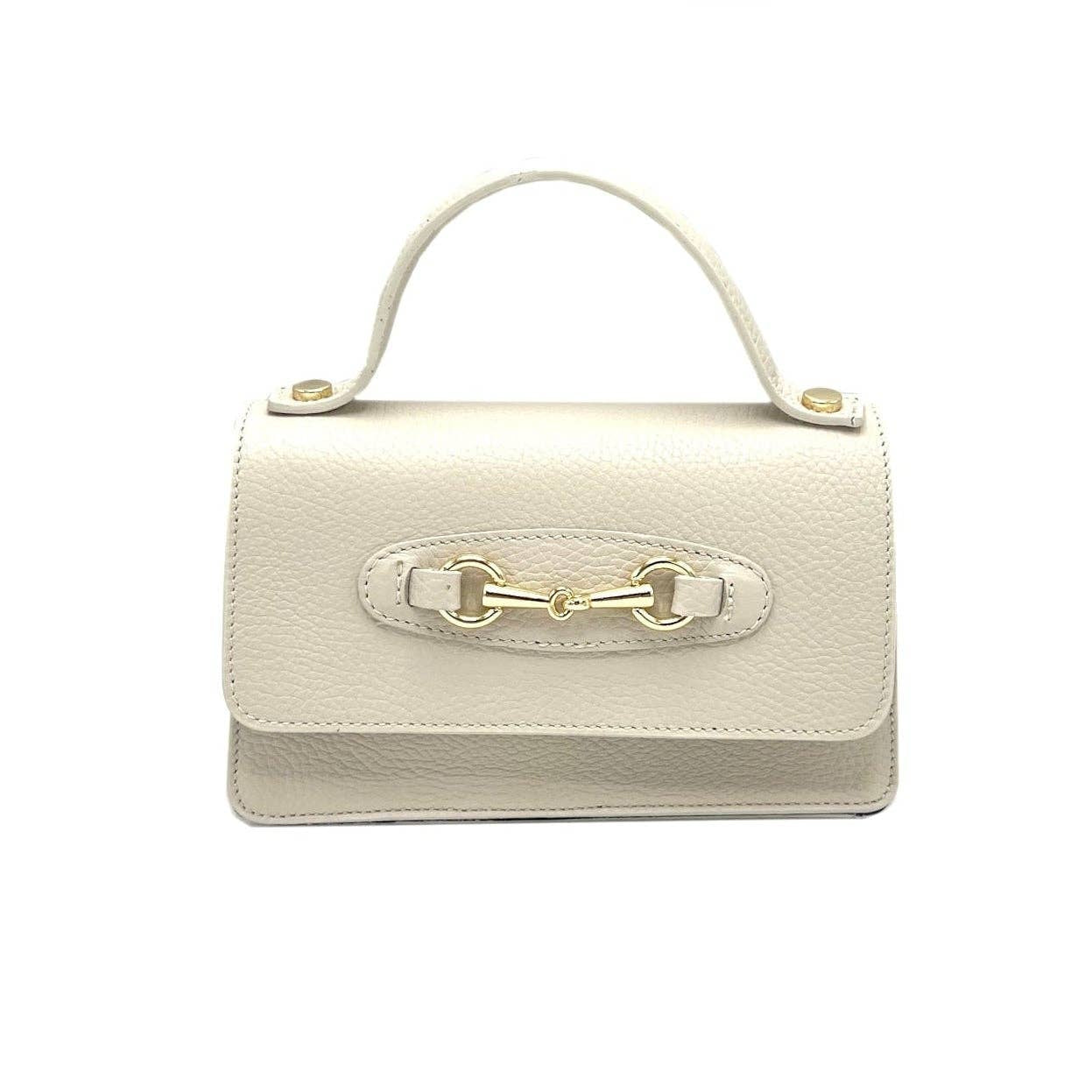 Beige handbag with a gold clasp on a white background