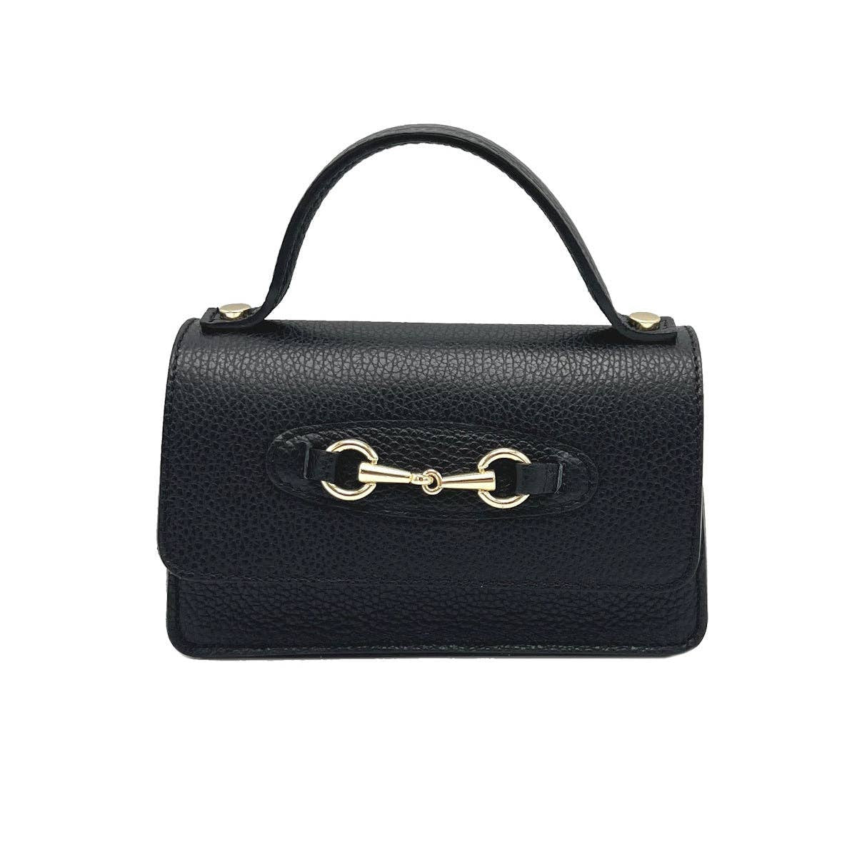 Black handbag with gold hardware on a white background