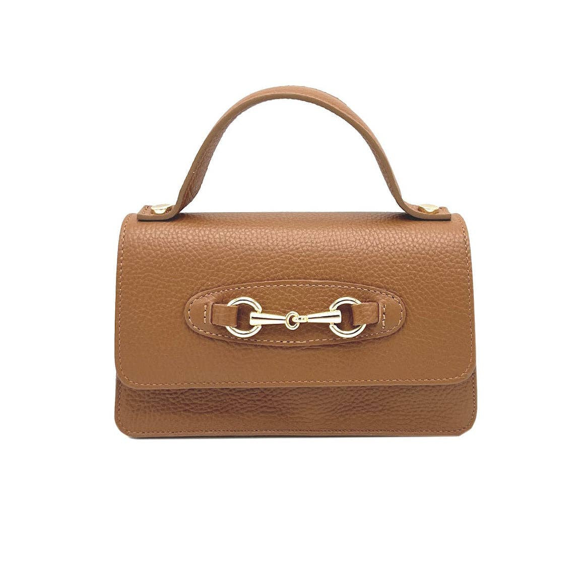 Brown leather handbag with a gold clasp on a white background