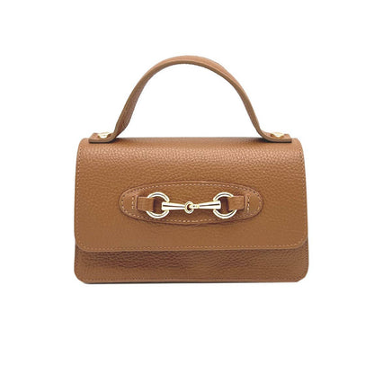 Brown leather handbag with a gold clasp on a white background