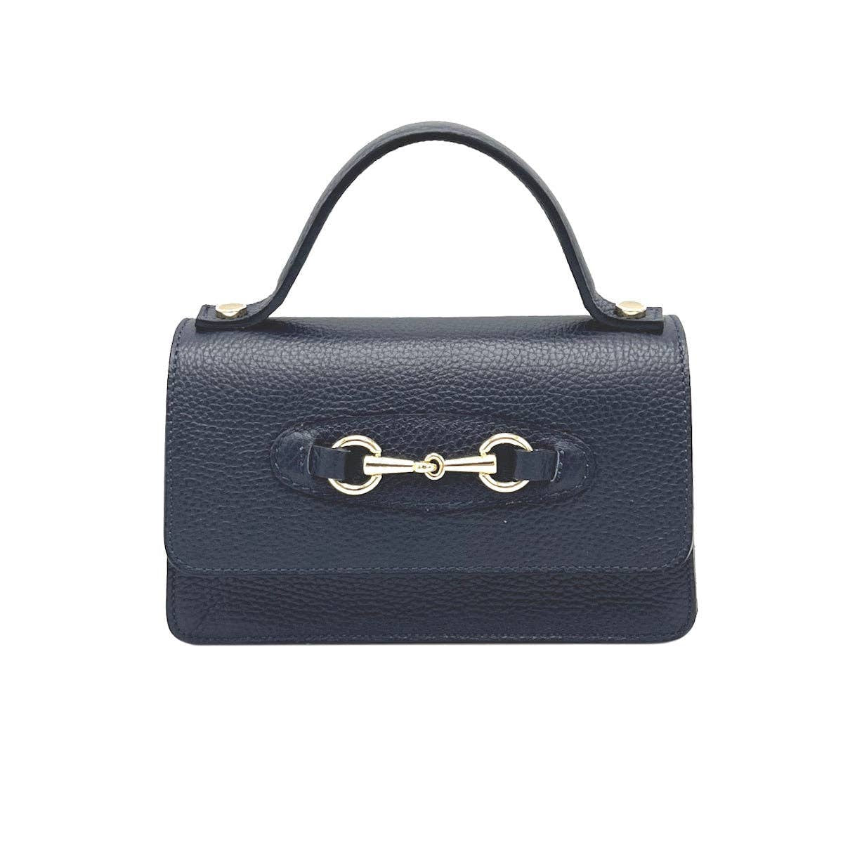 Navy blue handbag with a gold clasp on a white background