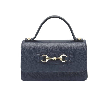 Navy blue handbag with a gold clasp on a white background