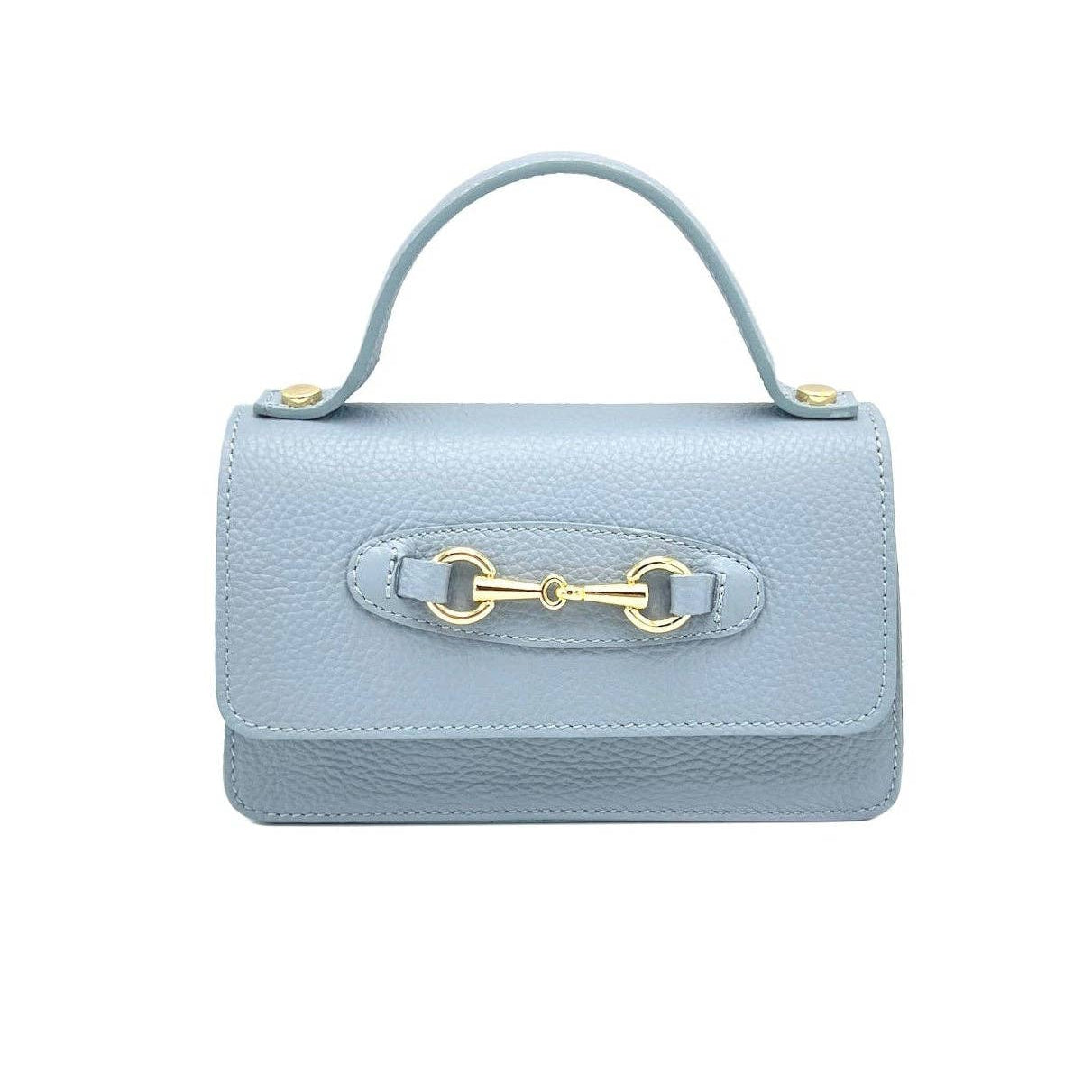 Light blue handbag with a gold horsebit clasp on a white background