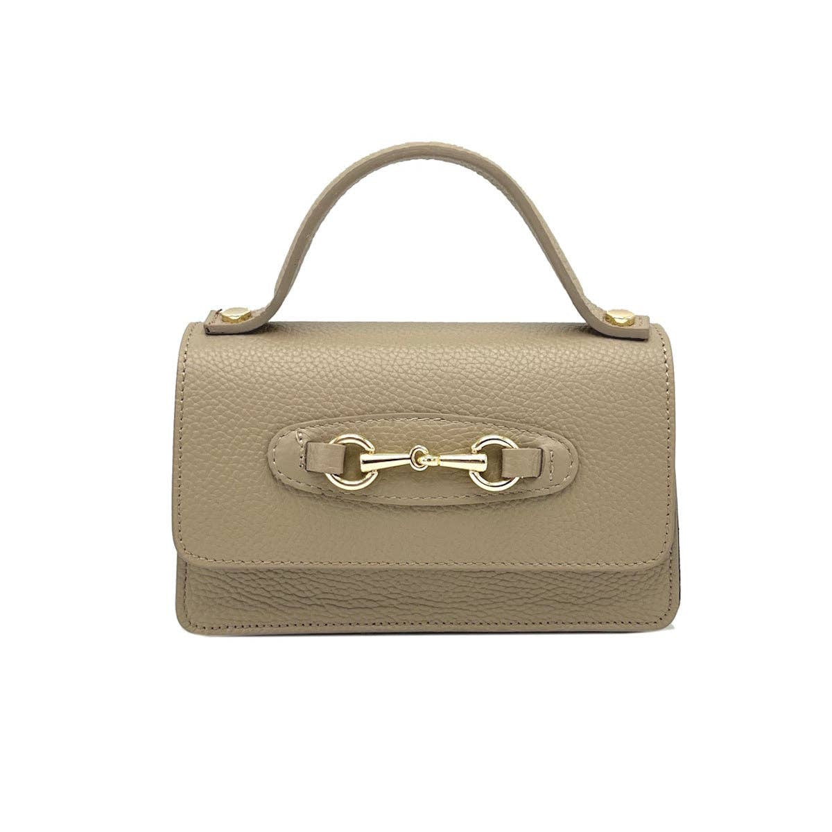 Beige handbag with a gold clasp on a white background