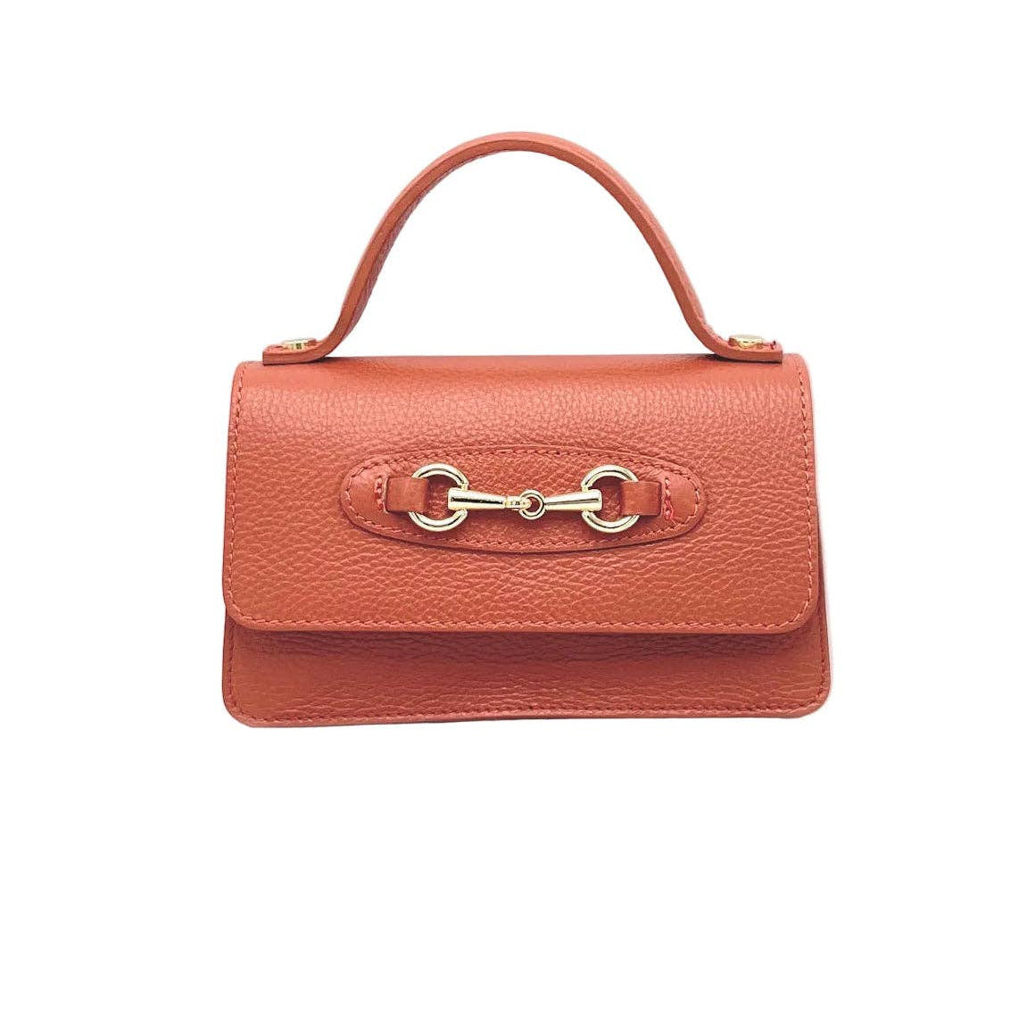 Orange handbag with a gold clasp on a white background