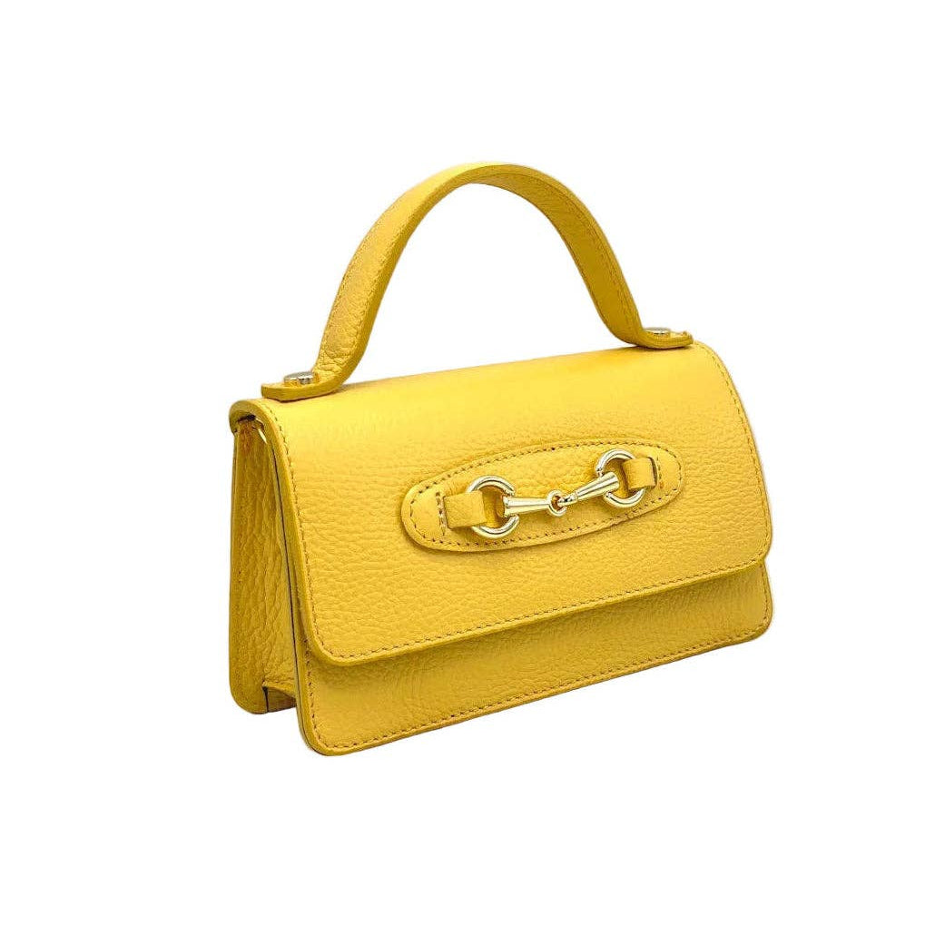 Yellow handbag with a gold clasp on a white background
