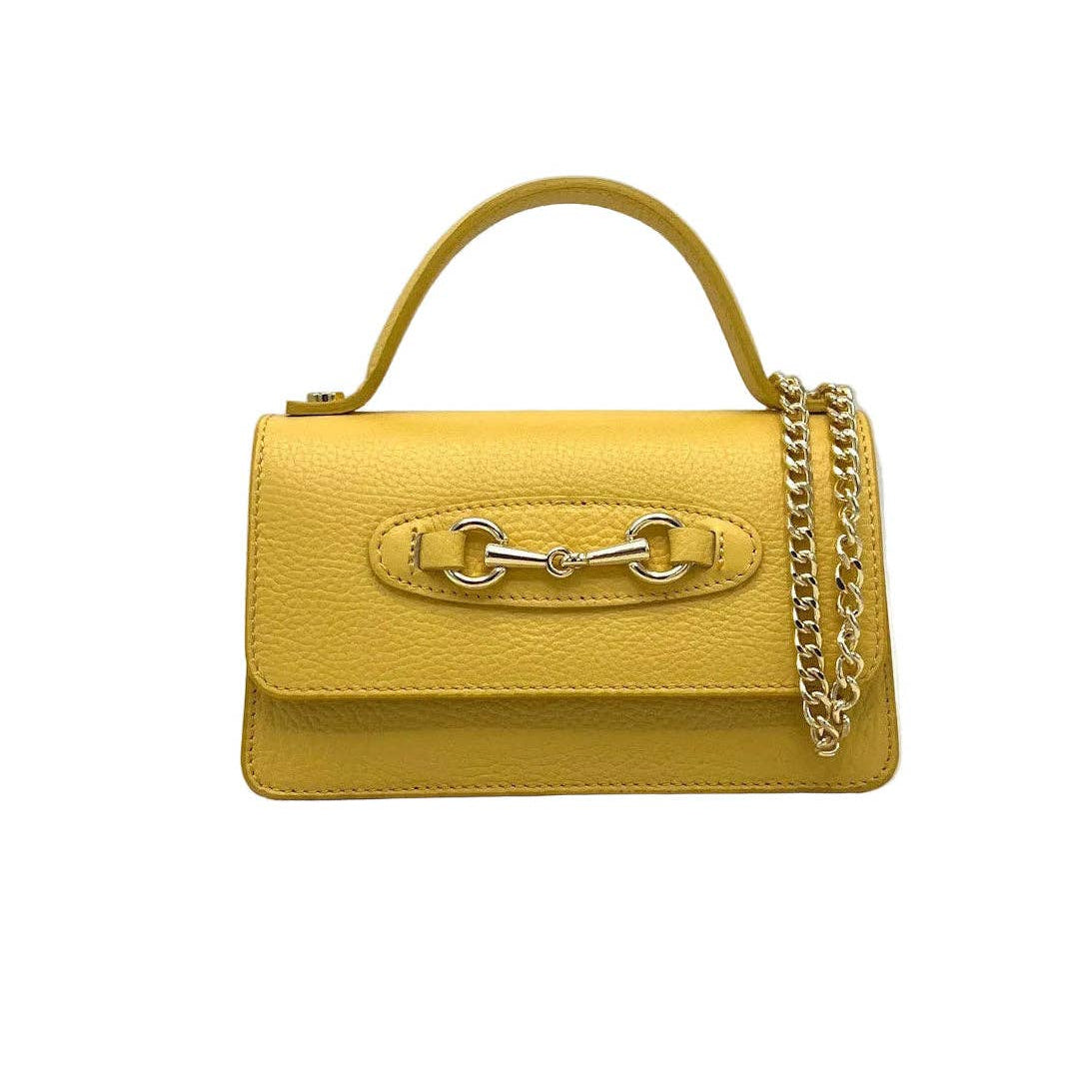Yellow handbag with a chain detail on a white background