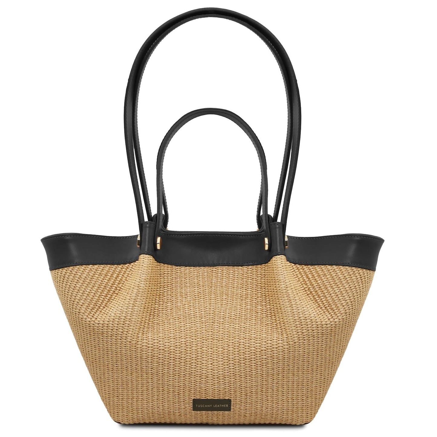 Soleil raffia shopping bag with black leather trim and two black handles.