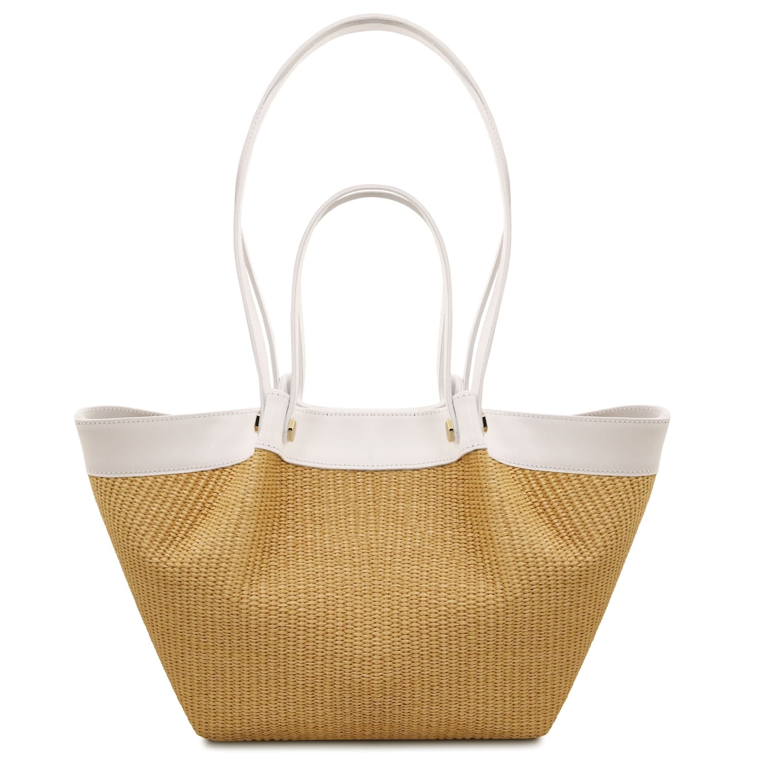 Front view of Soleil Raffia shopping bag with white leather trim and long white handles