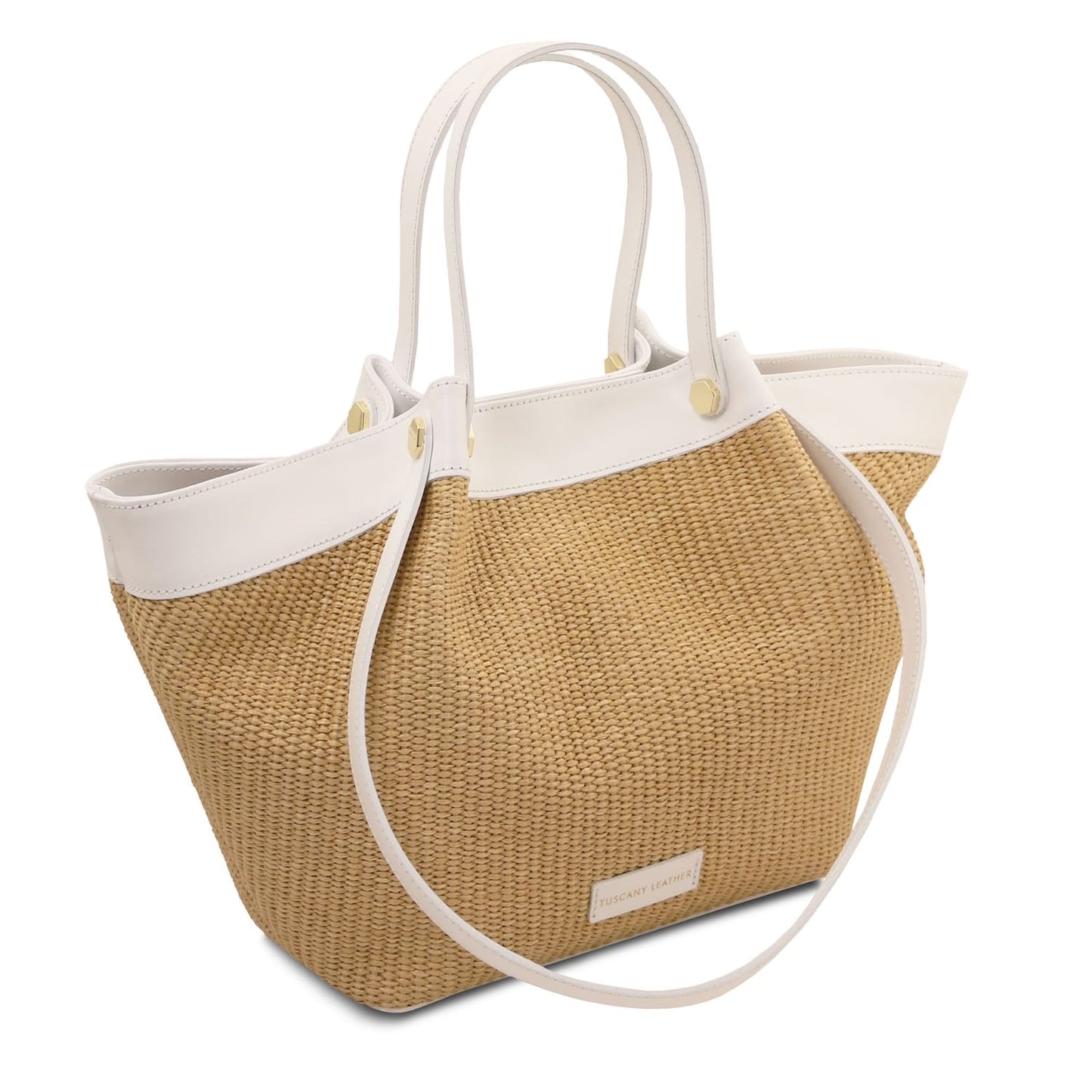 Soleil raffia shopping bag with white leather trim and long shoulder strap angled view