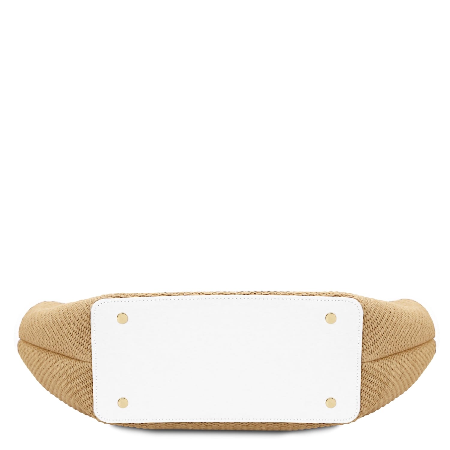 Bottom view of Soleil Raffia shopping bag showing woven raffia body and white leather base with gold studs