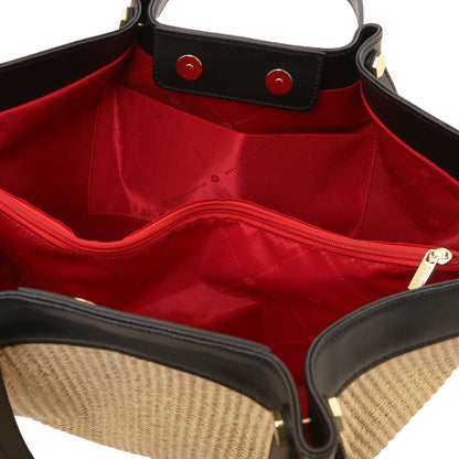 Inside view of Soleil raffia shopping bag showing red lining and zip pocket