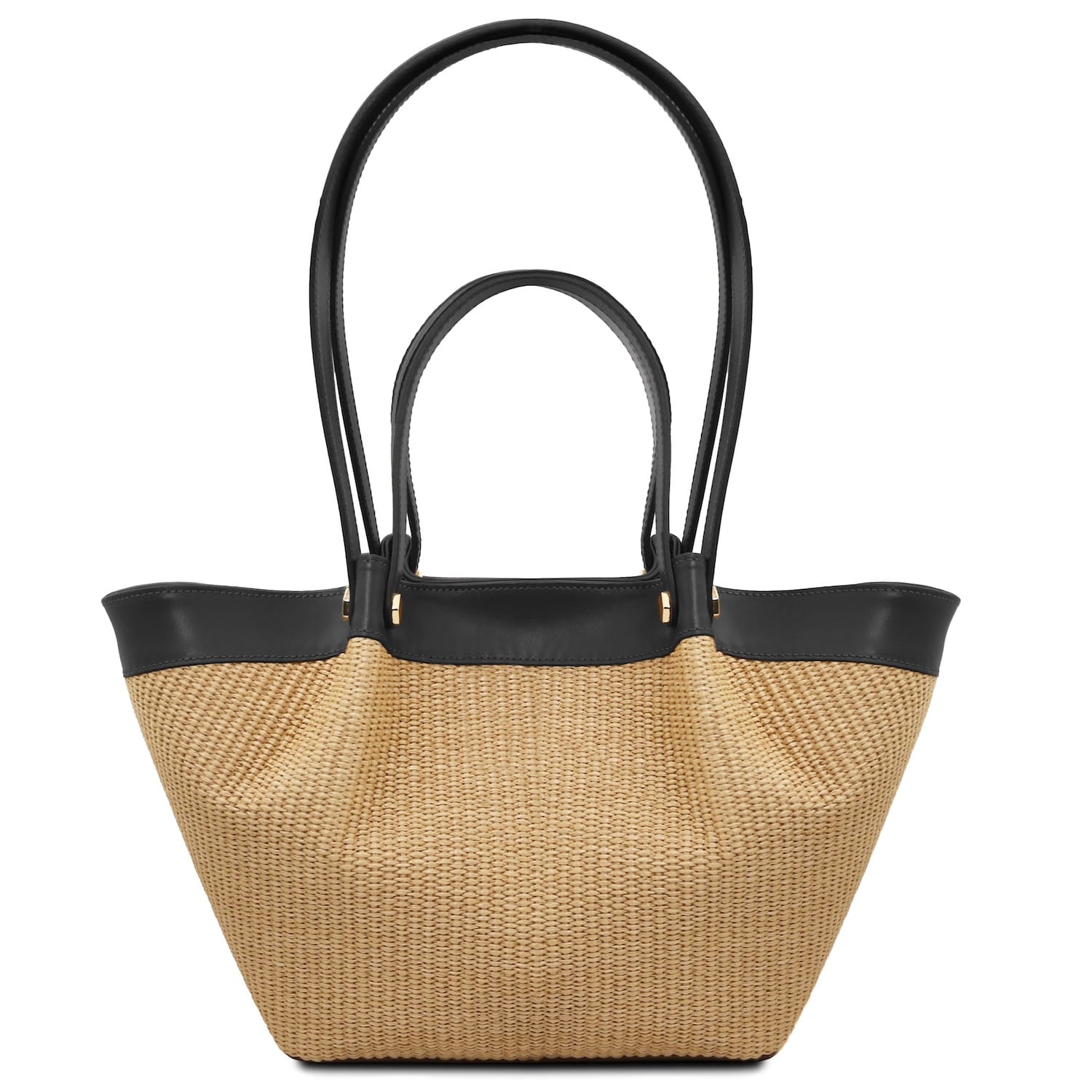 Soleil raffia shopping bag featuring natural raffia body with black leather trim and double top handles.