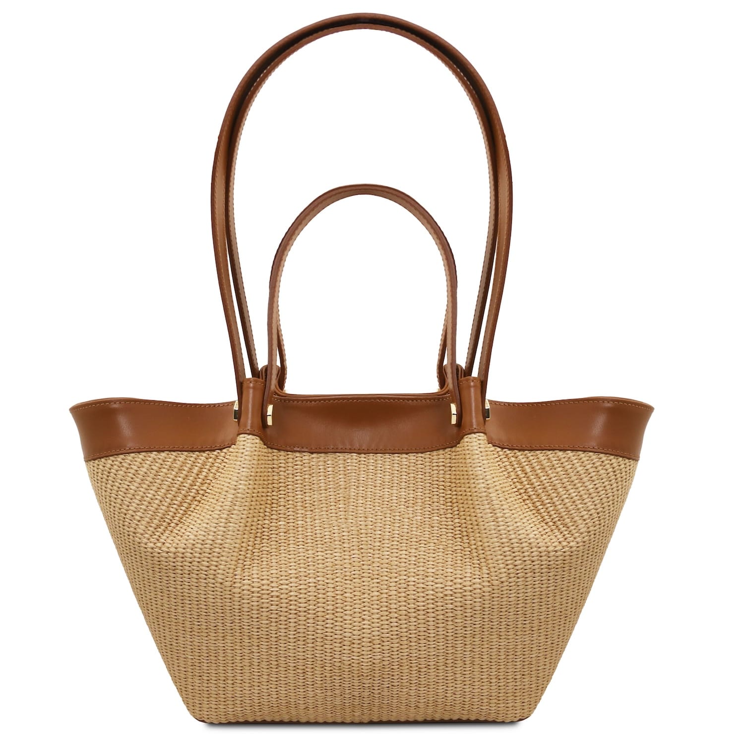 Soleil Raffia shopping bag with tan leather trim and double handles, natural woven body.