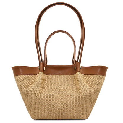 Soleil Raffia shopping bag with tan leather trim and double handles, natural woven body.