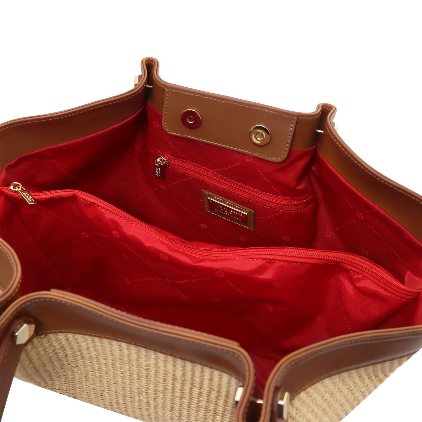 Open Soleil Raffia shopping bag interior with red lining, zip pocket, and leather top trim.