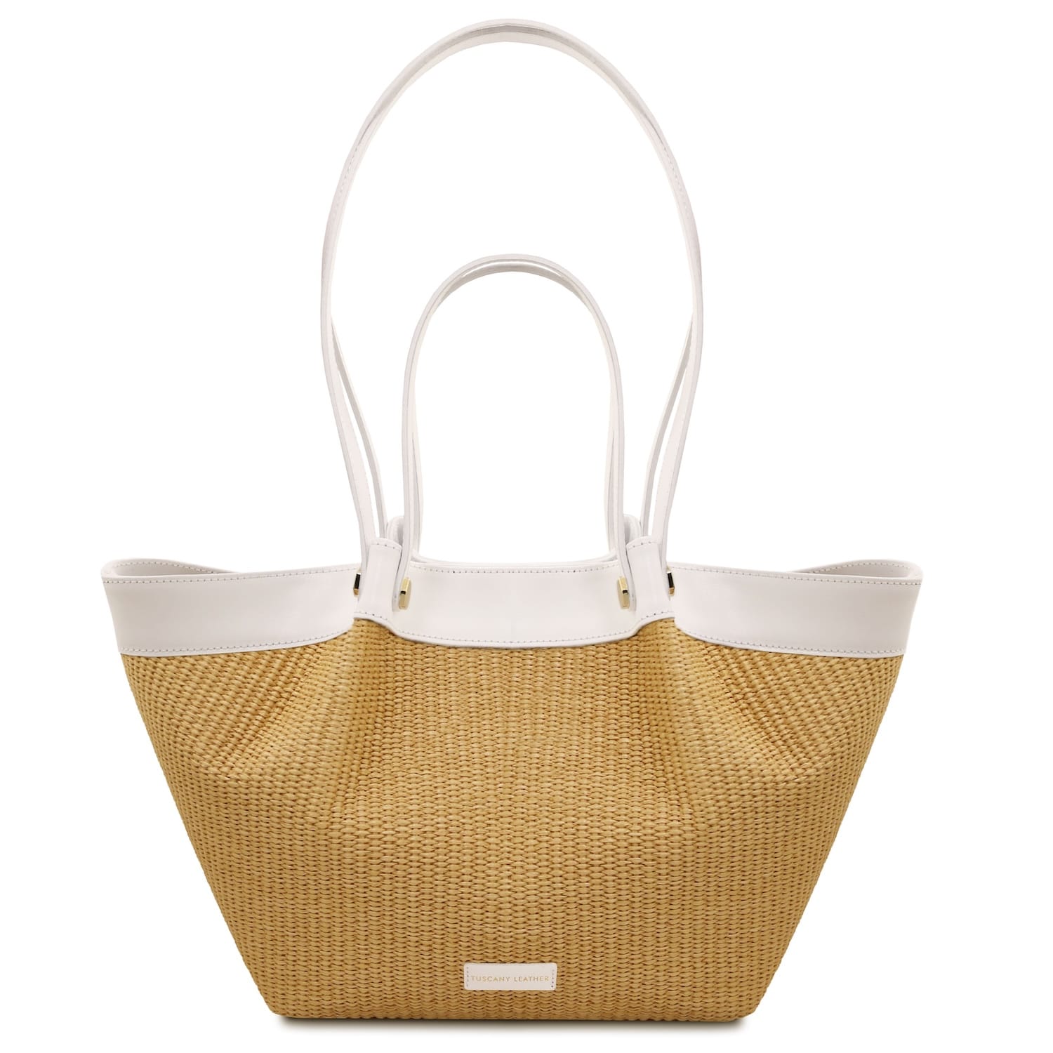 Soleil raffia shopping bag with white leather trim and double top handles