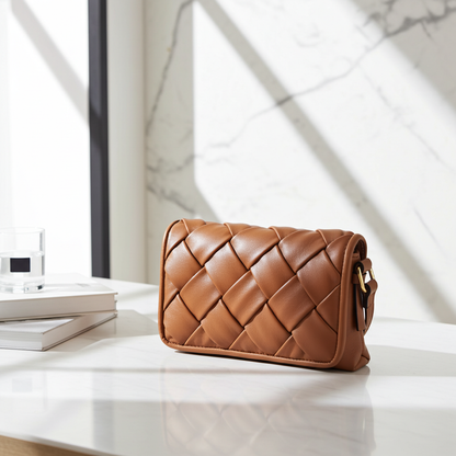 Brown quilted handbag on a white marble surface with a light background